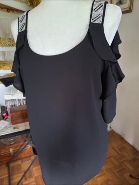 Beaded Strap Black Cold-Shoulder Tank Top